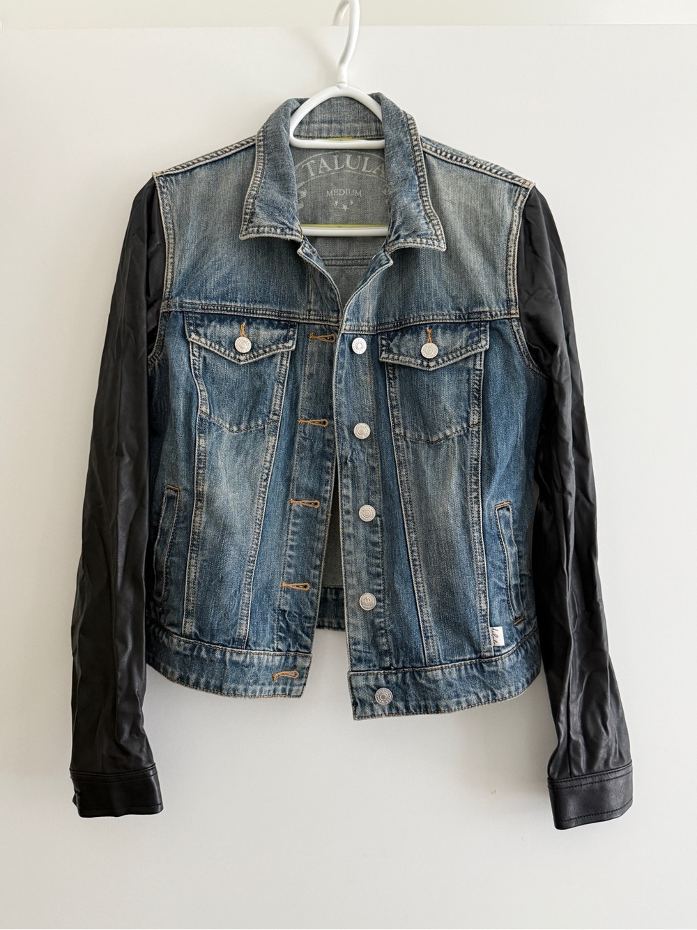 Talula Blue Denim Jacket with Leather Sleeves